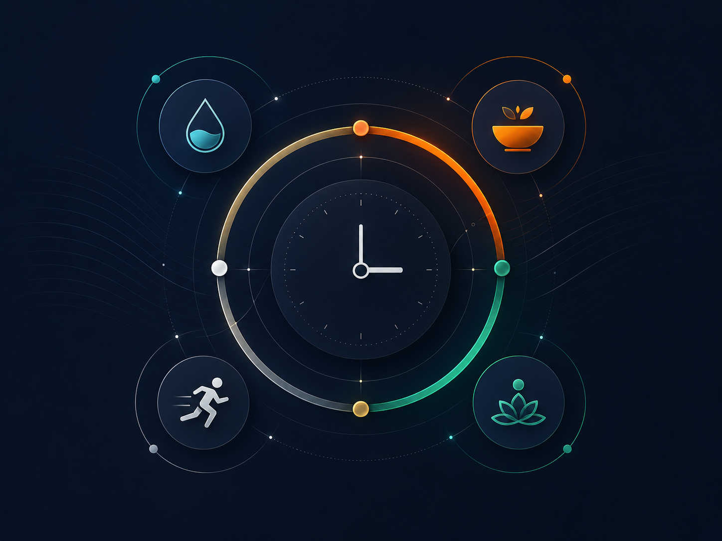 Circular MetClock protocol system connecting hydration, food, movement, recovery, and dispatch